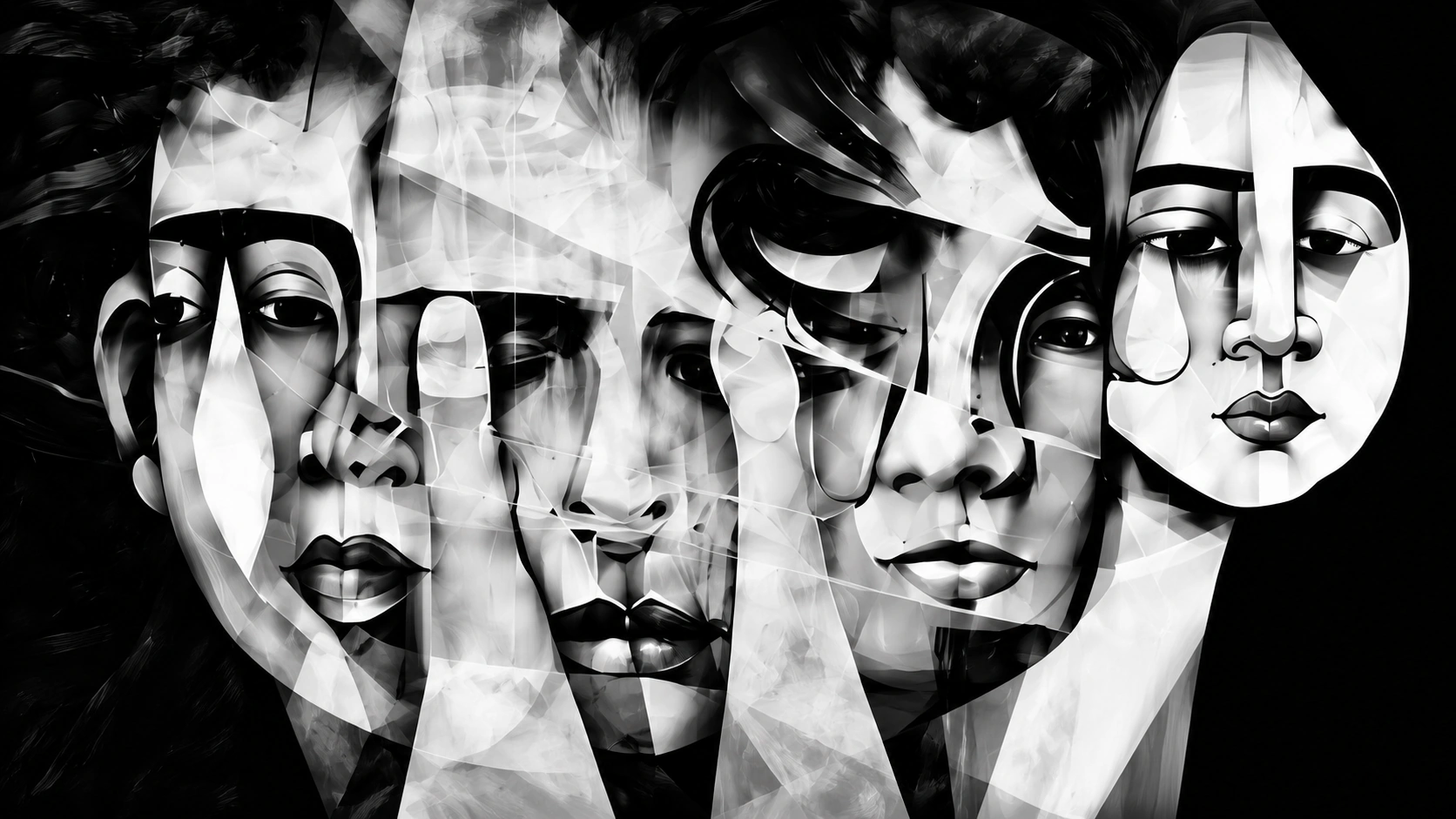 Black and white layered faces artwork