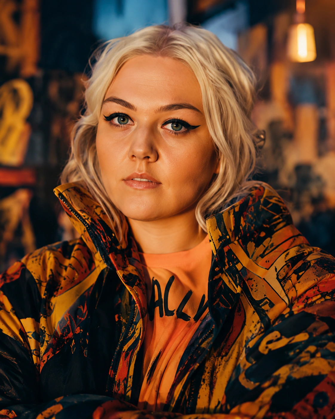Editorial portrait of a blonde woman in an orange jacket