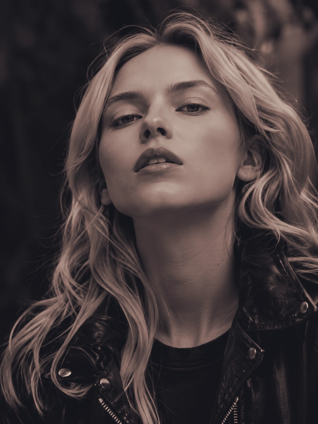 Editorial portrait of a blonde woman in a leather jacket