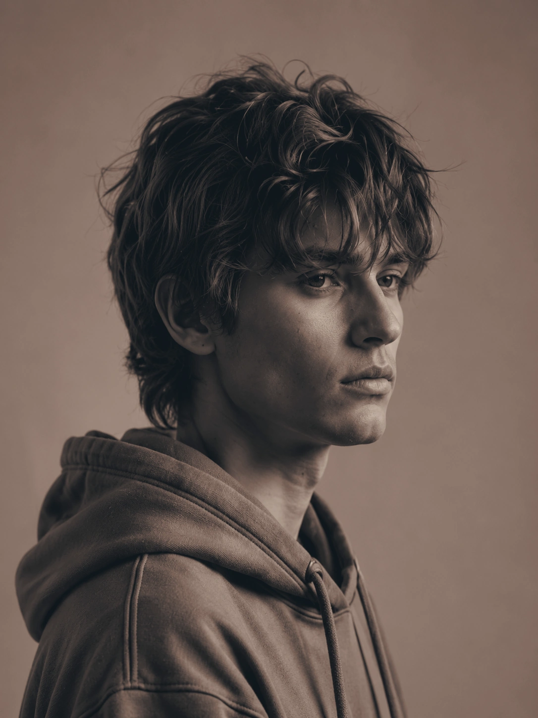 Editorial portrait of a young man in a hoodie