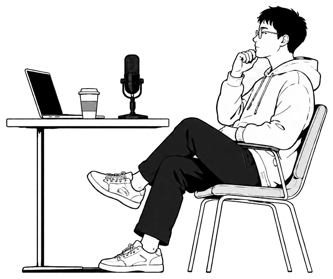 Person sitting beside a podcast microphone illustration